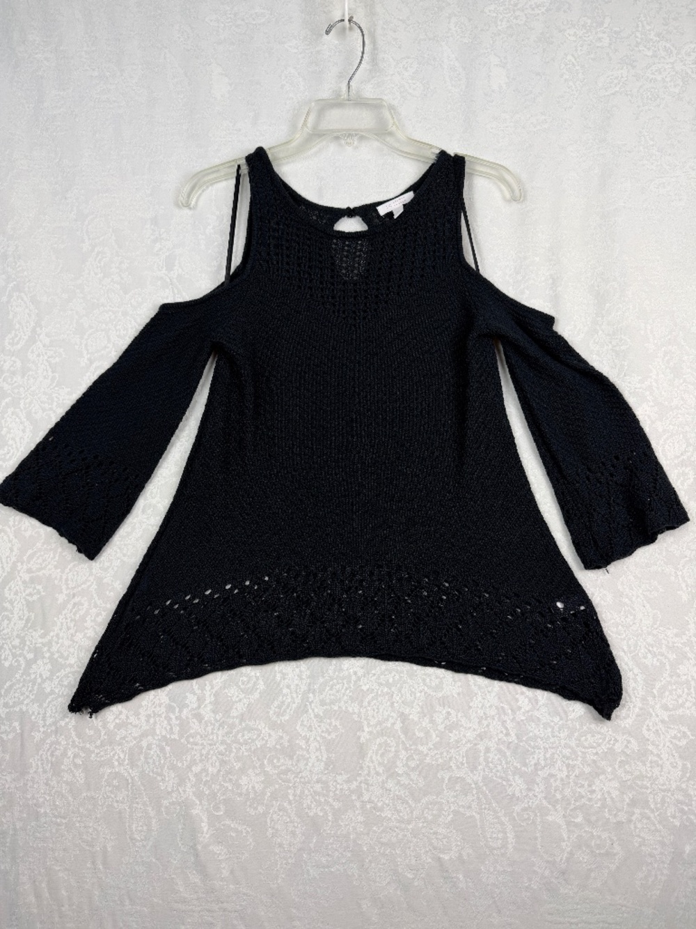 Lauren Conrad Women's M Black Crochet Sweater Cold Shoulder Open Bell Flare